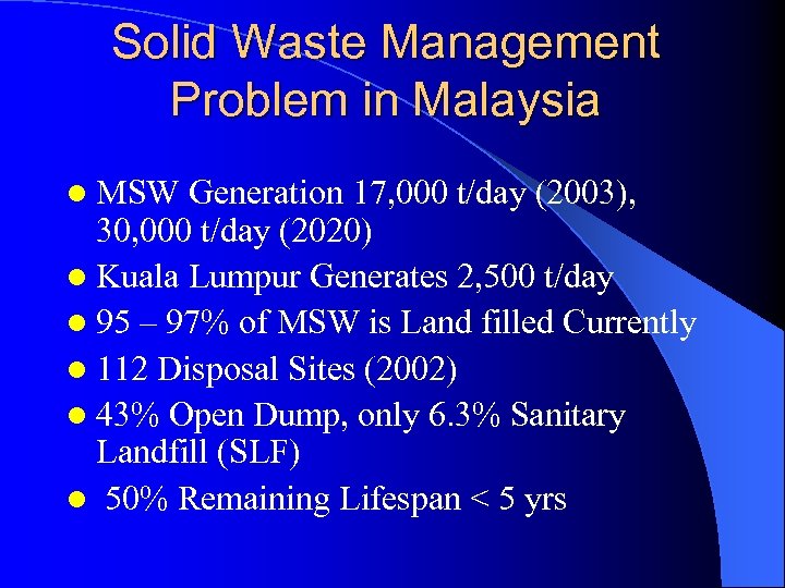 Solid Waste Management Problem in Malaysia l MSW Generation 17, 000 t/day (2003), 30,