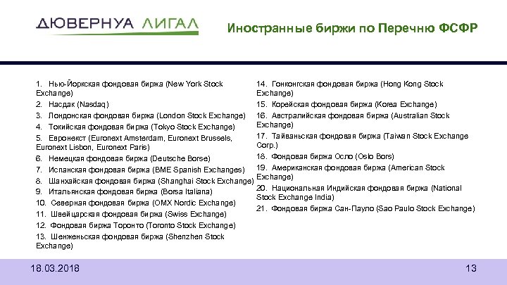 Иностранные биржи по Перечню ФСФР 1. Нью-Йоркская фондовая биржа (New York Stock Exchange) 2.