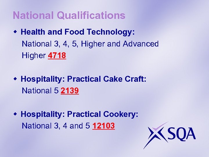 National Qualifications w Health and Food Technology: National 3, 4, 5, Higher and Advanced