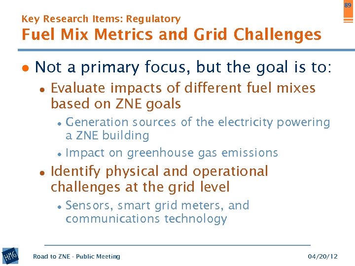 89 Key Research Items: Regulatory Fuel Mix Metrics and Grid Challenges ● Not a