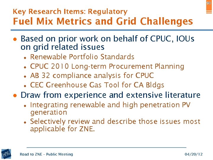 90 Key Research Items: Regulatory Fuel Mix Metrics and Grid Challenges ● Based on