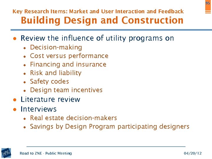 95 Key Research Items: Market and User Interaction and Feedback Building Design and Construction