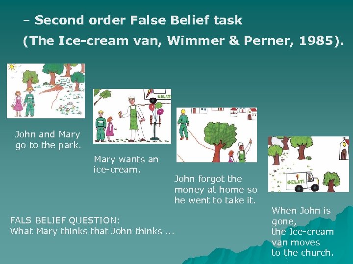 – Second order False Belief task (The Ice-cream van, Wimmer & Perner, 1985). John