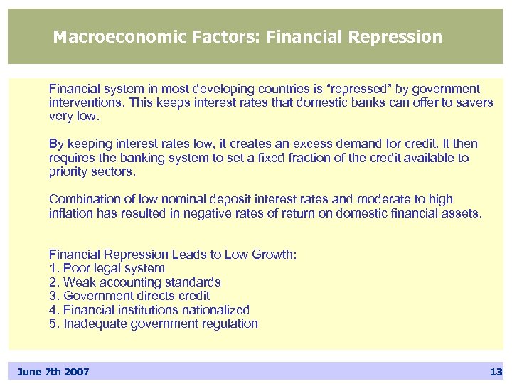 Macroeconomic Factors: Financial Repression Financial system in most developing countries is “repressed” by government