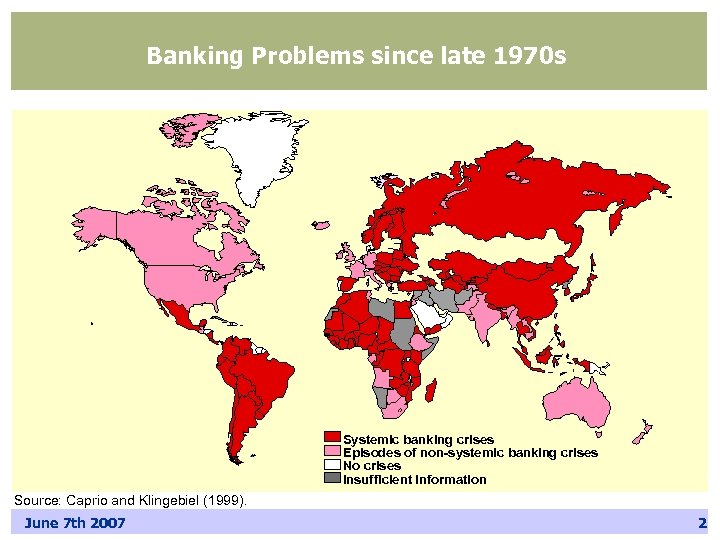 Banking Problems since late 1970 s Systemic banking crises Episodes of non-systemic banking crises