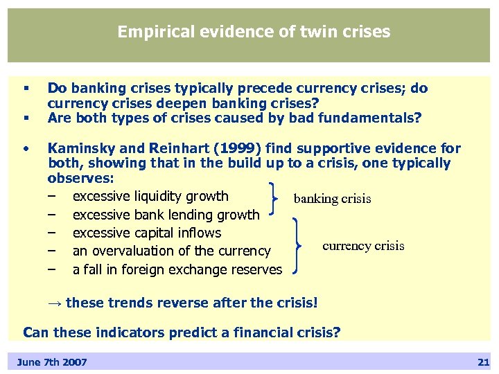 Empirical evidence of twin crises § § • Do banking crises typically precede currency