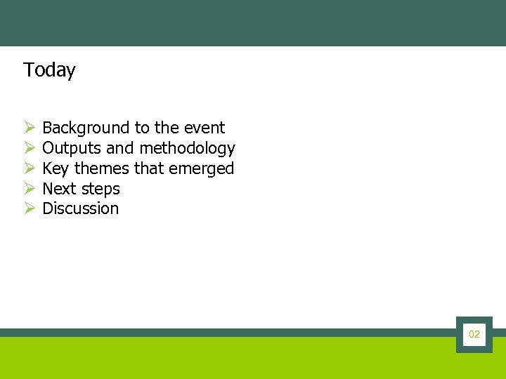 Today Ø Ø Ø Background to the event Outputs and methodology Key themes that