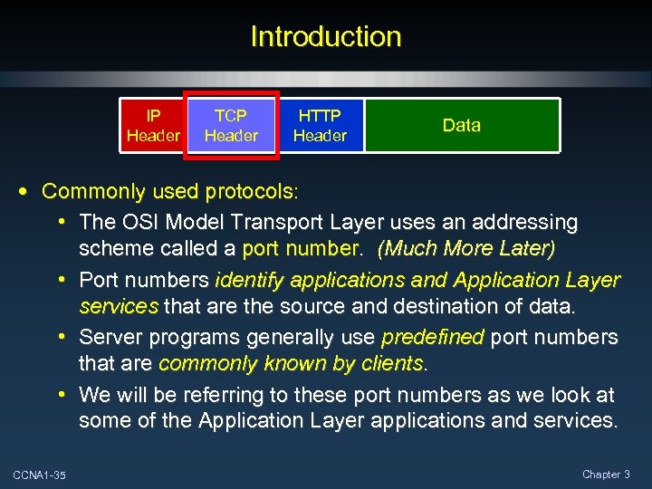 Introduction IP Header TCP Header HTTP Header Data • Commonly used protocols: • The