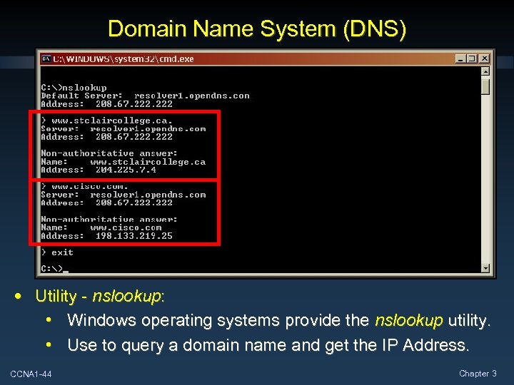 Domain Name System (DNS) • Utility - nslookup: • Windows operating systems provide the