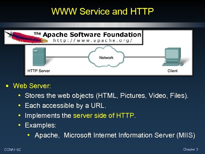 WWW Service and HTTP • Web Server: • Stores the web objects (HTML, Pictures,