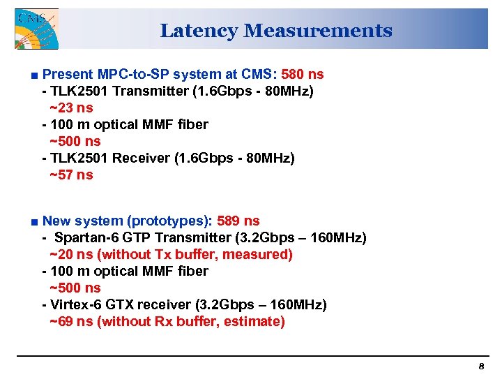Latency Measurements ■ Present MPC-to-SP system at CMS: 580 ns - TLK 2501 Transmitter