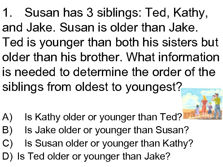 1. Susan has 3 siblings: Ted, Kathy, and Jake. Susan is older than Jake.