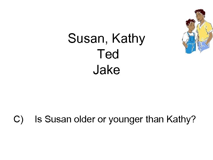 Susan, Kathy Ted Jake C) Is Susan older or younger than Kathy? 