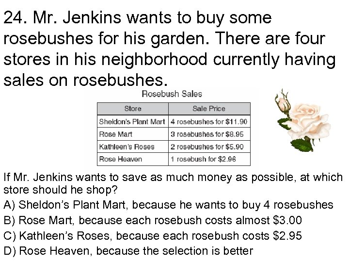 24. Mr. Jenkins wants to buy some rosebushes for his garden. There are four