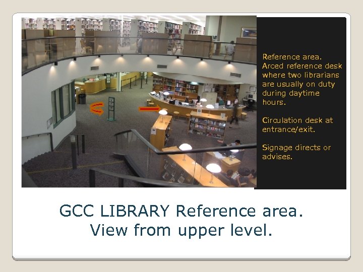 Reference area. Arced reference desk where two librarians are usually on duty during daytime