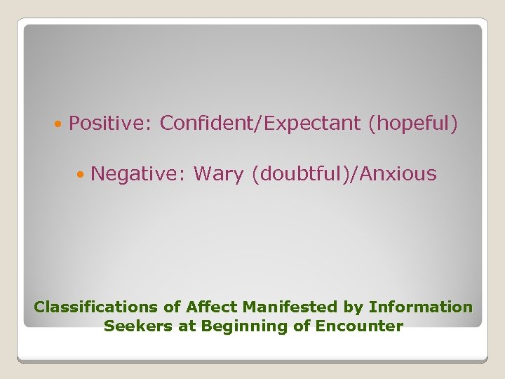  Positive: Confident/Expectant (hopeful) Negative: Wary (doubtful)/Anxious Classifications of Affect Manifested by Information Seekers