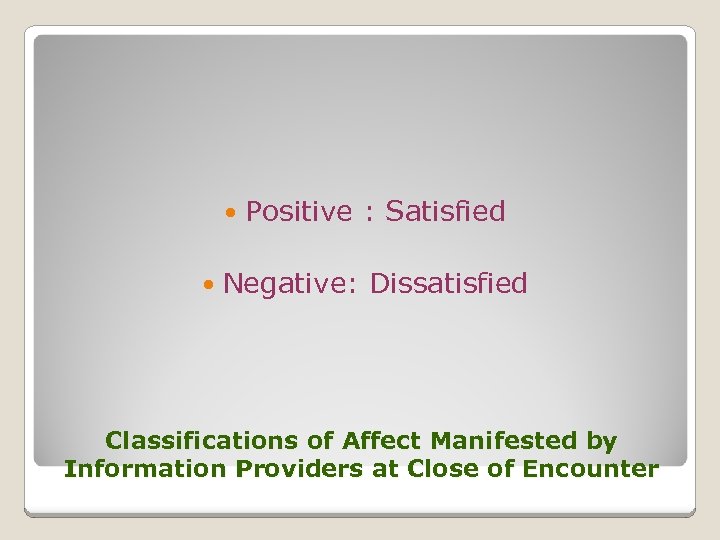  Positive : Satisfied Negative: Dissatisfied Classifications of Affect Manifested by Information Providers at