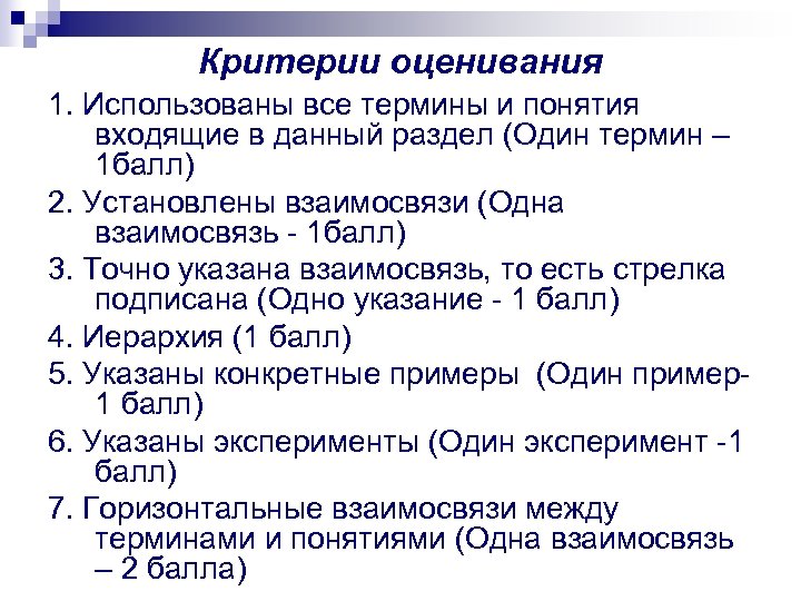 Критерии оценивания 1. Использованы все термины и понятия входящие в данный раздел (Один термин