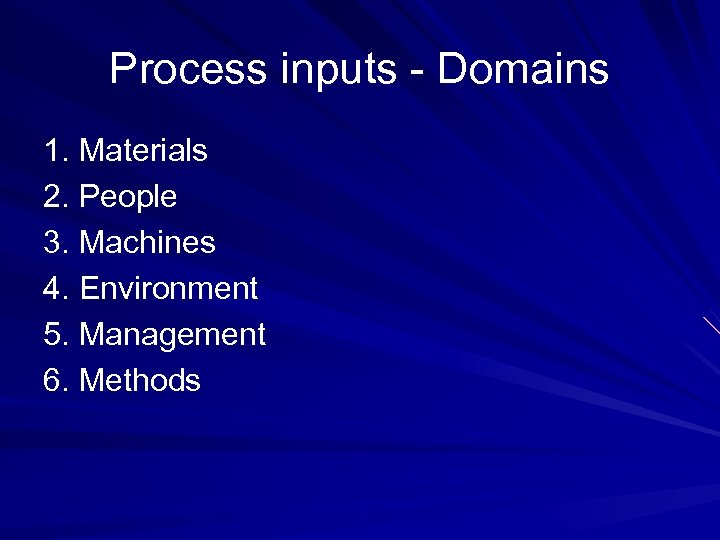 Process inputs - Domains 1. Materials 2. People 3. Machines 4. Environment 5. Management