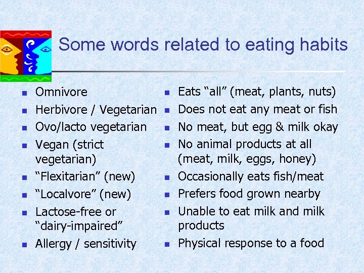 Some words related to eating habits n n n n Omnivore Herbivore / Vegetarian