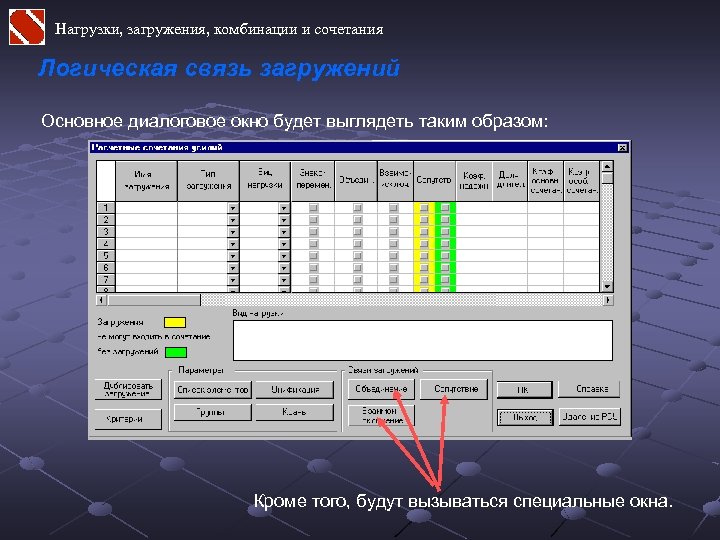 Нагрузки, загружения, комбинации и сочетания Логическая связь загружений Основное диалоговое окно будет выглядеть таким