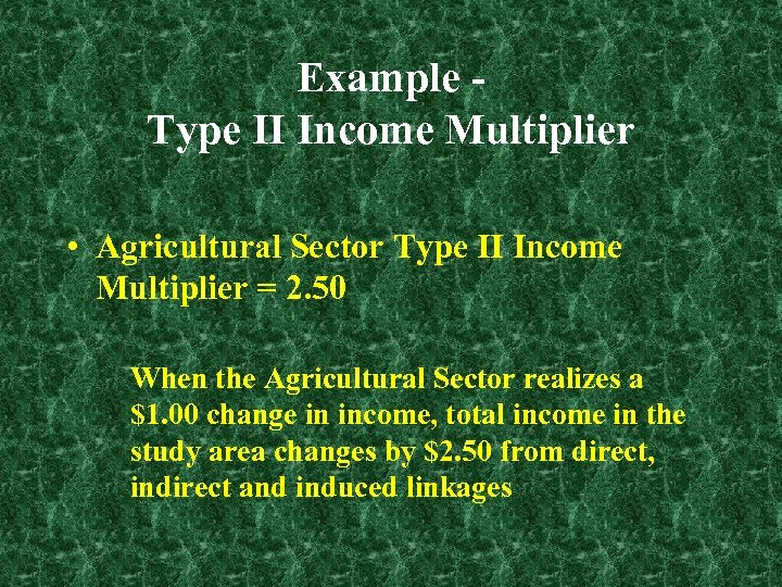 Example Type II Income Multiplier • Agricultural Sector Type II Income Multiplier = 2.