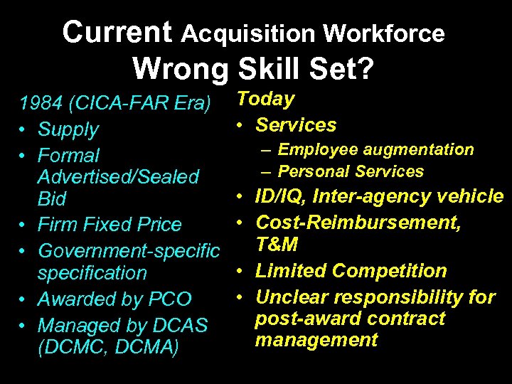 Current Acquisition Workforce Wrong Skill Set? 1984 (CICA-FAR Era) • Supply • Formal Advertised/Sealed