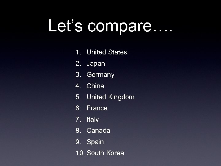 Let’s compare…. 1. United States 2. Japan 3. Germany 4. China 5. United Kingdom