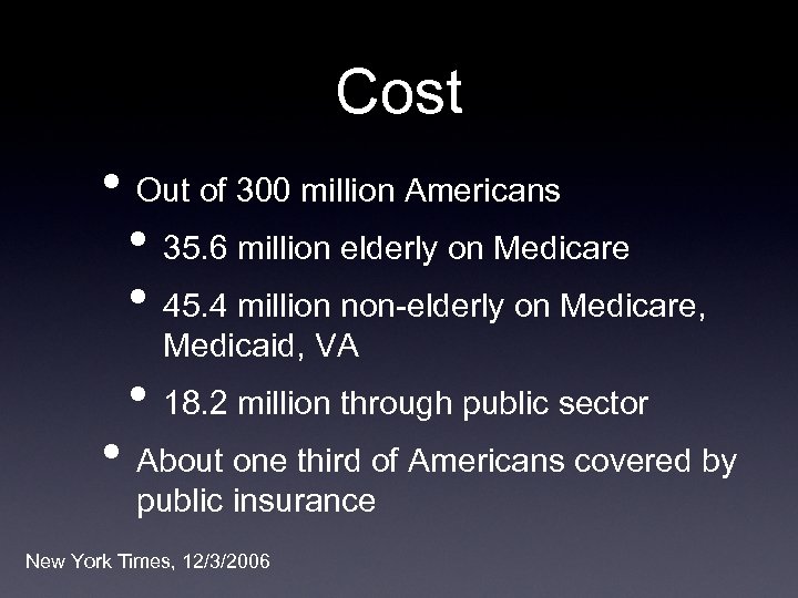 Cost • Out of 300 million Americans • 35. 6 million elderly on Medicare