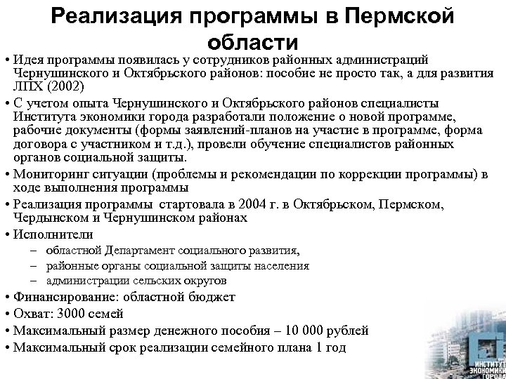 Реализация программы в Пермской области • Идея программы появилась у сотрудников районных администраций Чернушинского
