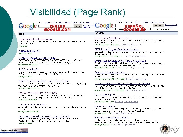 Visibilidad (Page Rank) INGLES GOOGLE. COM ESPAÑOL GOOGLE. ES 