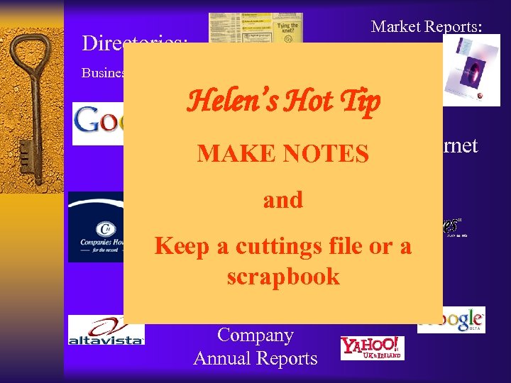 Market Reports: Directories: Business Directories Euromonitor Helen’s Hot Tip Libraries MAKE NOTESThe Internet and