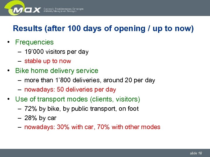 Results (after 100 days of opening / up to now) • Frequencies – 19’