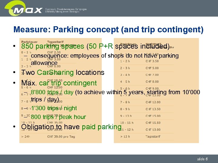 Measure: Parking concept (and trip contingent) • 850 parking spaces (50 P+R spaces included)