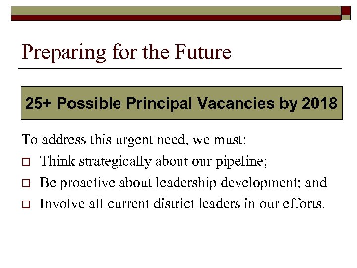 Preparing for the Future 25+ Possible Principal Vacancies by 2018 To address this urgent