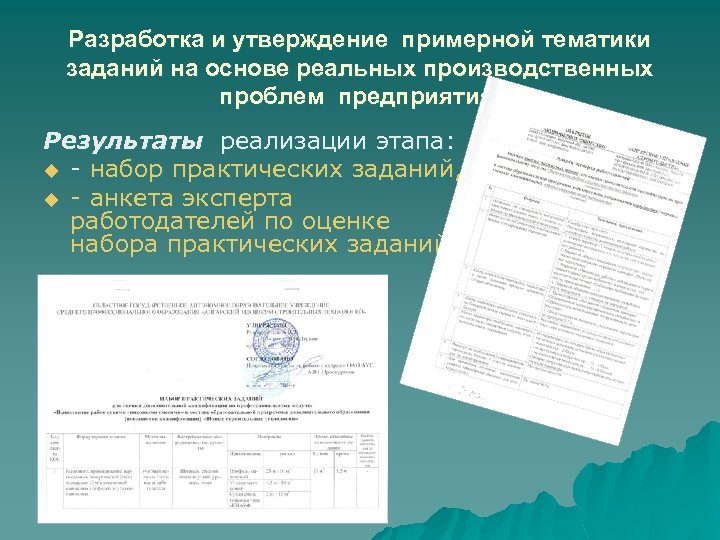 Разработка и утверждение примерной тематики заданий на основе реальных производственных проблем предприятия. Результаты реализации