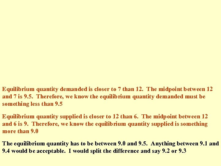 Equilibrium quantity demanded is closer to 7 than 12. The midpoint between 12 and