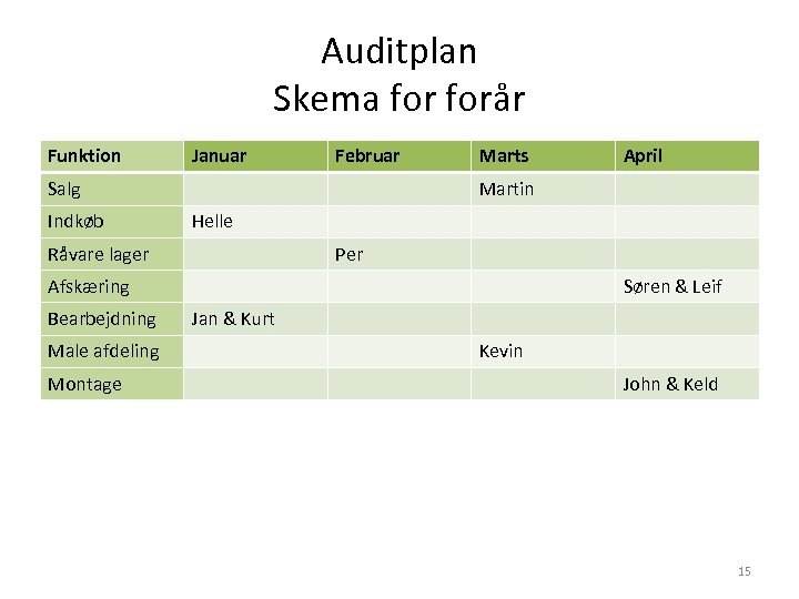Auditplan Skema forår Funktion Januar Februar Salg Indkøb Marts Martin Helle Råvare lager Per