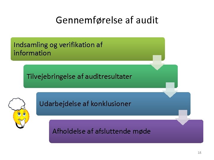 Gennemførelse af audit Indsamling og verifikation af information Tilvejebringelse af auditresultater Udarbejdelse af konklusioner