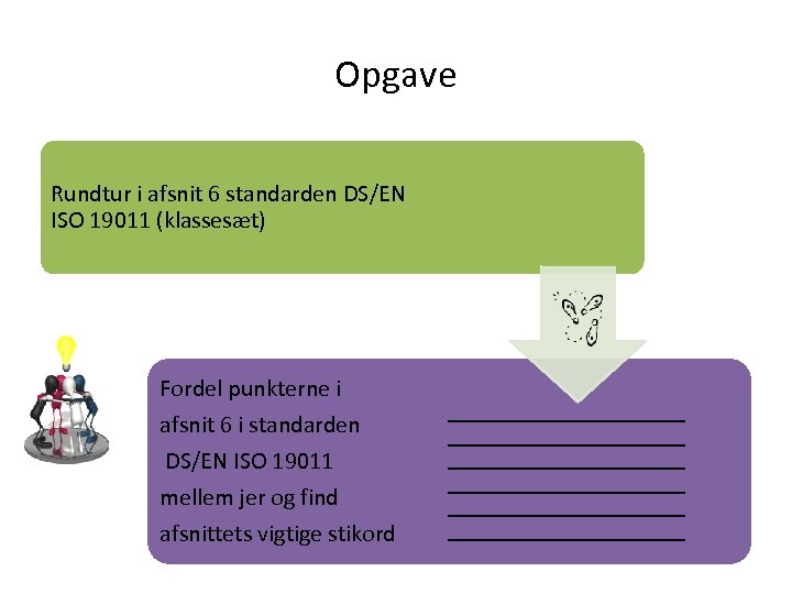 Opgave Rundtur i afsnit 6 standarden DS/EN ISO 19011 (klassesæt) Fordel punkterne i afsnit