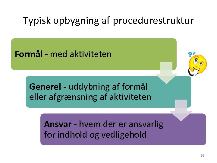 Typisk opbygning af procedurestruktur Formål - med aktiviteten Generel - uddybning af formål eller