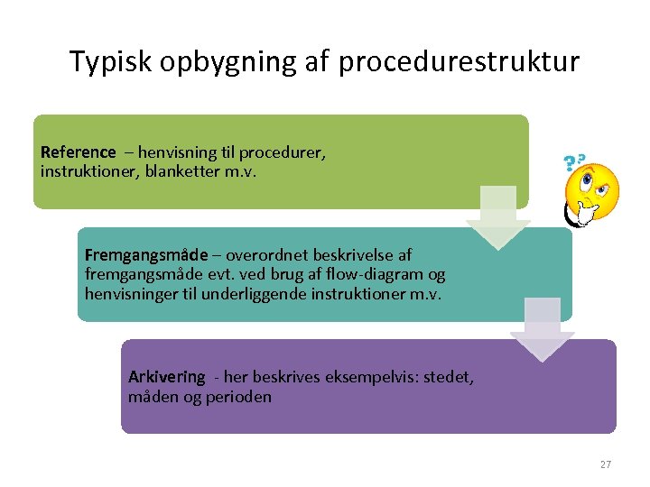 Typisk opbygning af procedurestruktur Reference – henvisning til procedurer, instruktioner, blanketter m. v. Fremgangsmåde