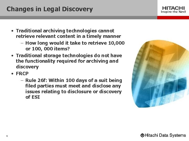 Changes in Legal Discovery • Traditional archiving technologies cannot retrieve relevant content in a