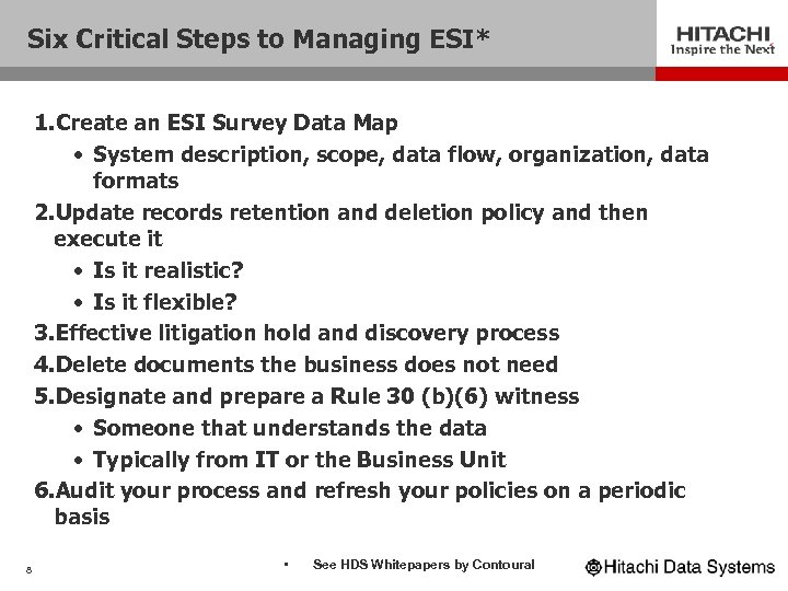 Six Critical Steps to Managing ESI* 1. Create an ESI Survey Data Map •