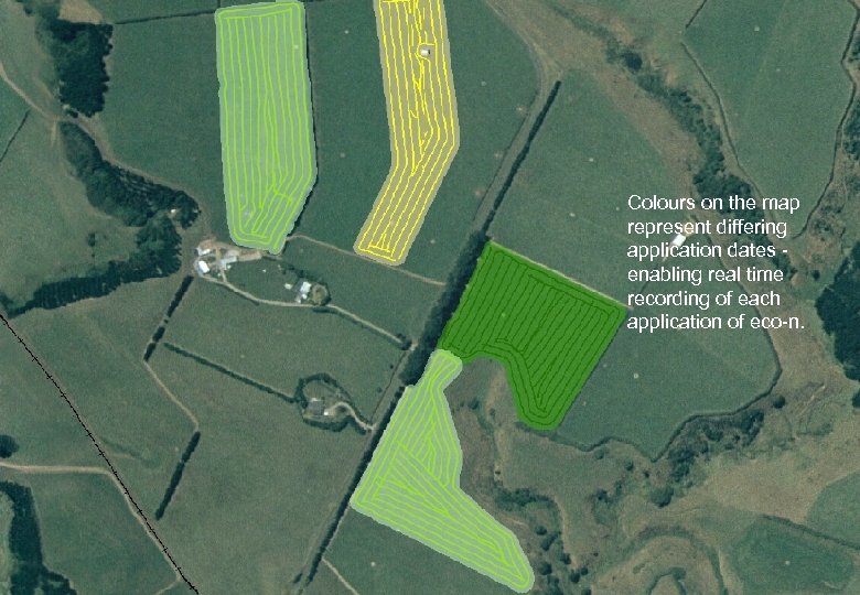 Colours on the map represent differing application dates enabling real time recording of each