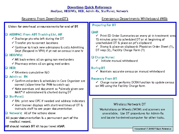 Downtime Quick Reference Medipac, HEO/Wiz, HED, Admin-Rx, Star. Panel, Network Recovery From Downtime(DT) Listen