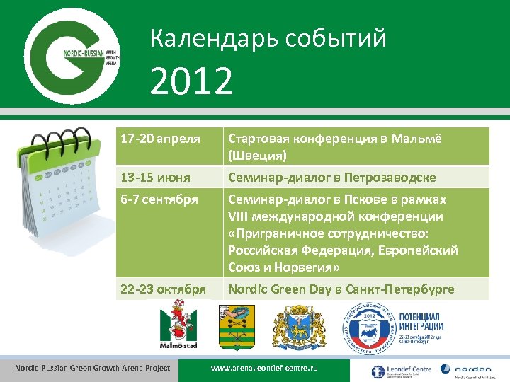 Календарь событий 2012 17 -20 апреля Стартовая конференция в Мальмё (Швеция) 13 -15 июня