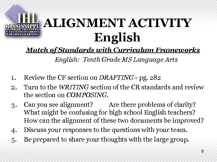 ALIGNMENT ACTIVITY English Match of Standards with Curriculum Frameworks English: Tenth Grade MS Language