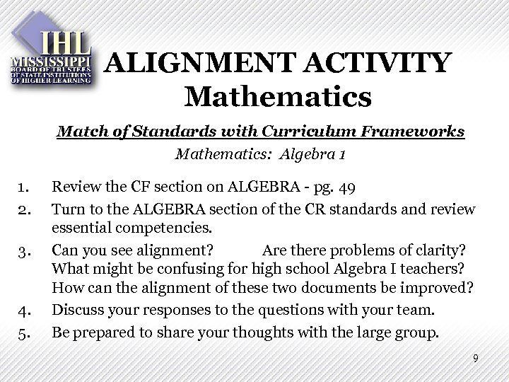 ALIGNMENT ACTIVITY Mathematics Match of Standards with Curriculum Frameworks Mathematics: Algebra 1 1. 2.