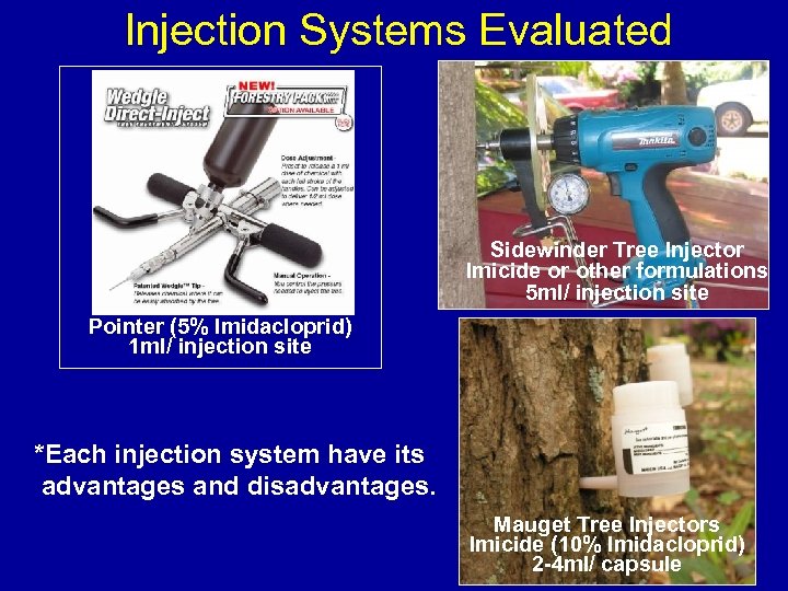 Injection Systems Evaluated Sidewinder Tree Injector Imicide or other formulations 5 ml/ injection site